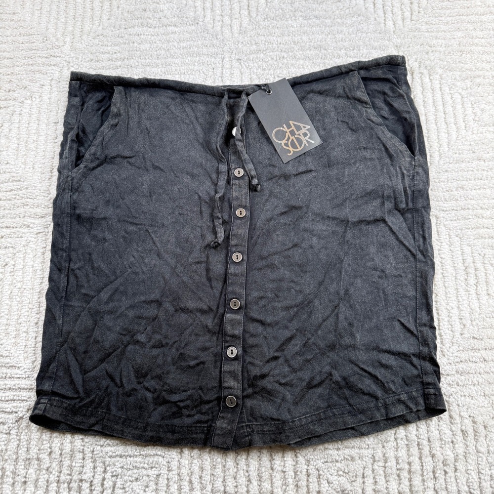 Chaser Button Front Mini Skirt Women's Medium Black Grunge Edgy Festival Boho